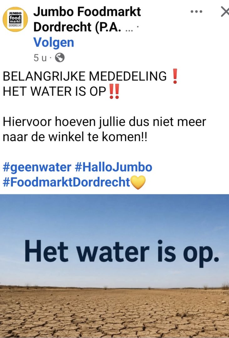 Jumbo meld dat het water op is.